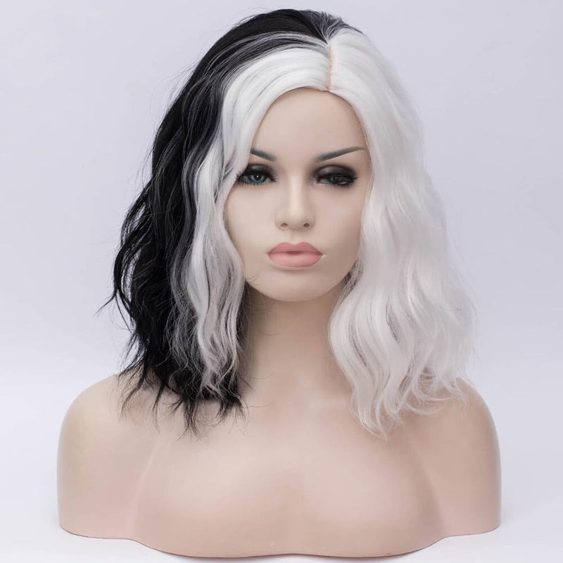 Cying Lin Short Bob Wavy Curly Wig Black and White Wig For Women Cosplay Halloween Wigs Heat Resistant Bob Party Wig Include Wig Cap (Black and White) - Image 1